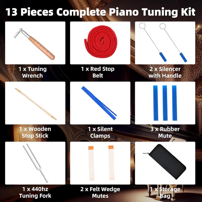 MELHA Piano Tuning Kit with Case, 13 PCS Piano Tuner Wrench Hammer Rubber Mutes Set Tuning Lever Tools for Beginner - Image 4